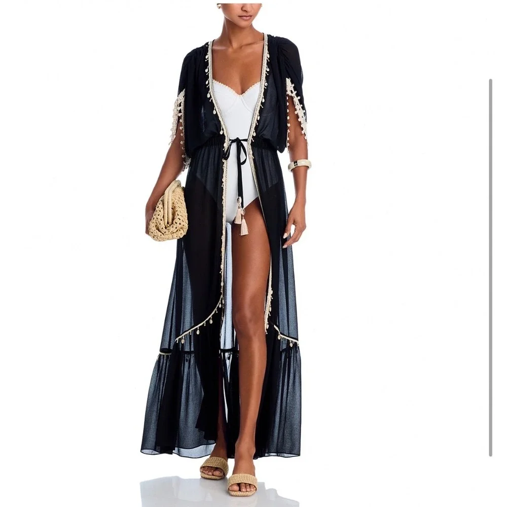 Ramy Brook Nikolai Cover Up Maxi Dress Black Shell Embellished XL NEW